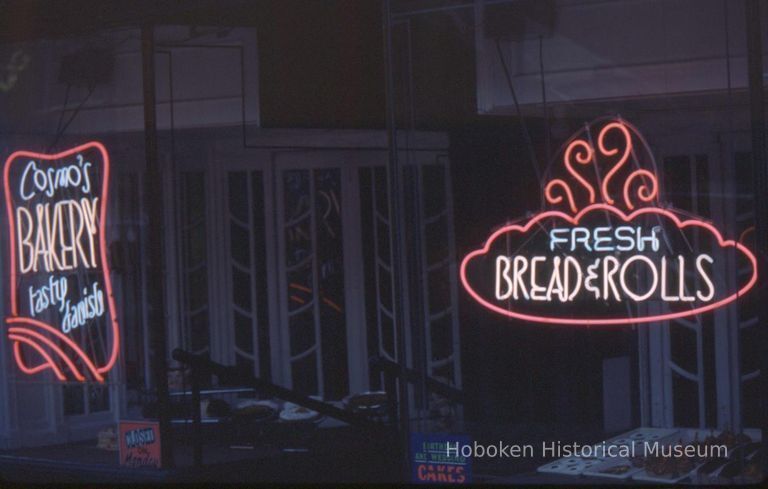 Color slide of the former storefront of Cosmo's Bakery, 718 Washington St. on the west side of Washington St., Hoboken, October, 1984. picture number 1