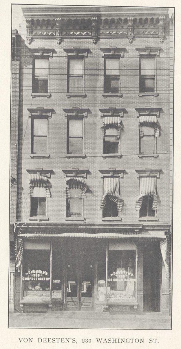 Printed B+W photograph of Von Deesten's Confectionery & Ice Cream Parlor, 230 Washington St., Hoboken, no date, ca. 1905-1908. picture number 1