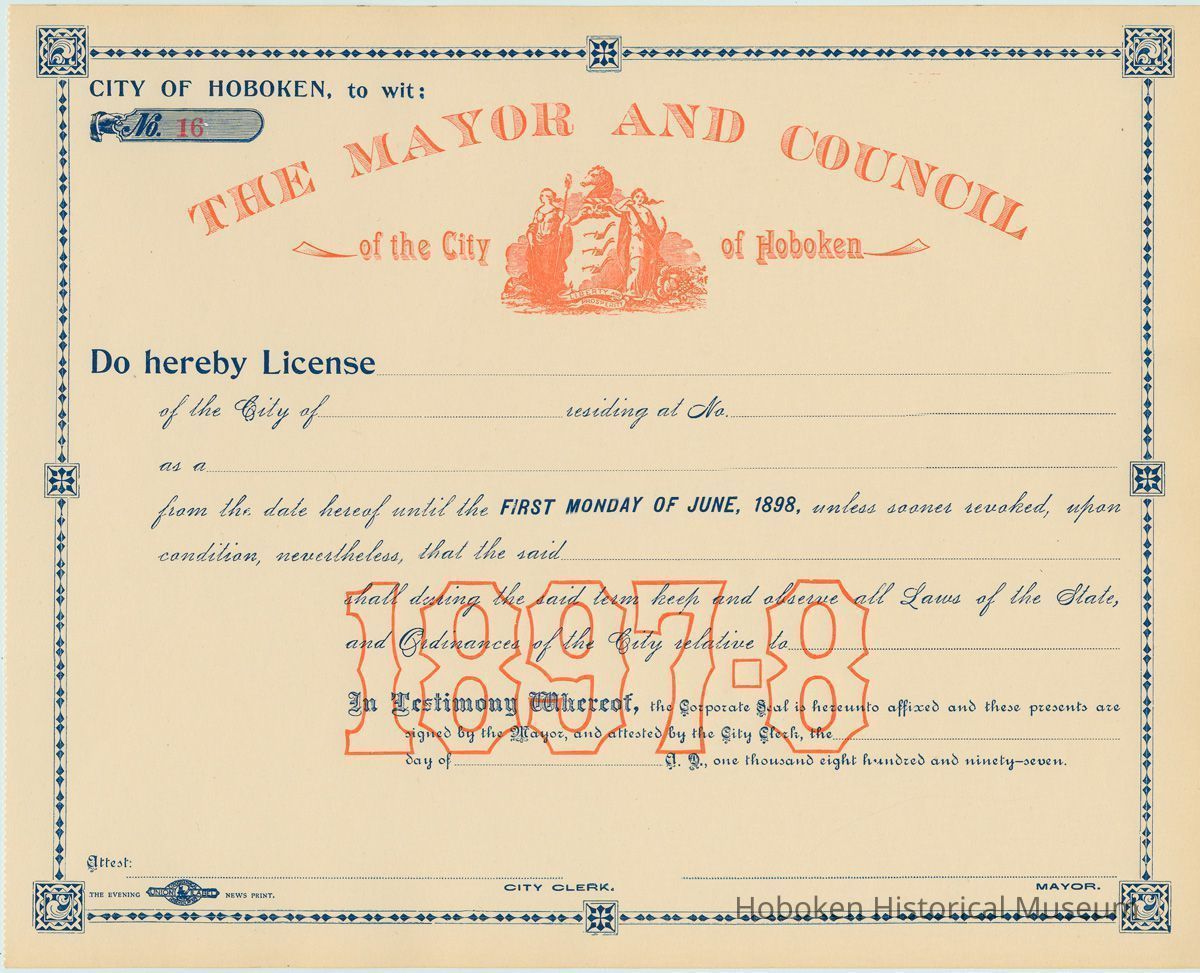 Unissued City of Hoboken License for 1897-98 expiring the first Monday of June, 1898, Hoboken, 1897. picture number 1