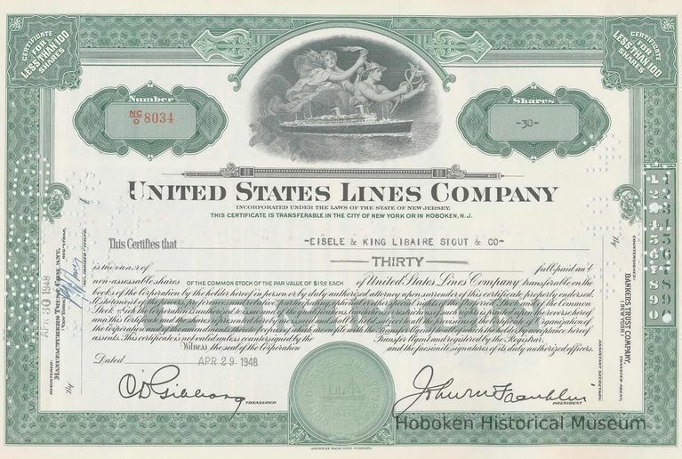 Stock certificate: United States Lines Co., N.Y. & Hoboken; issued Apr. 29, 1948 for 30 shares. picture number 1