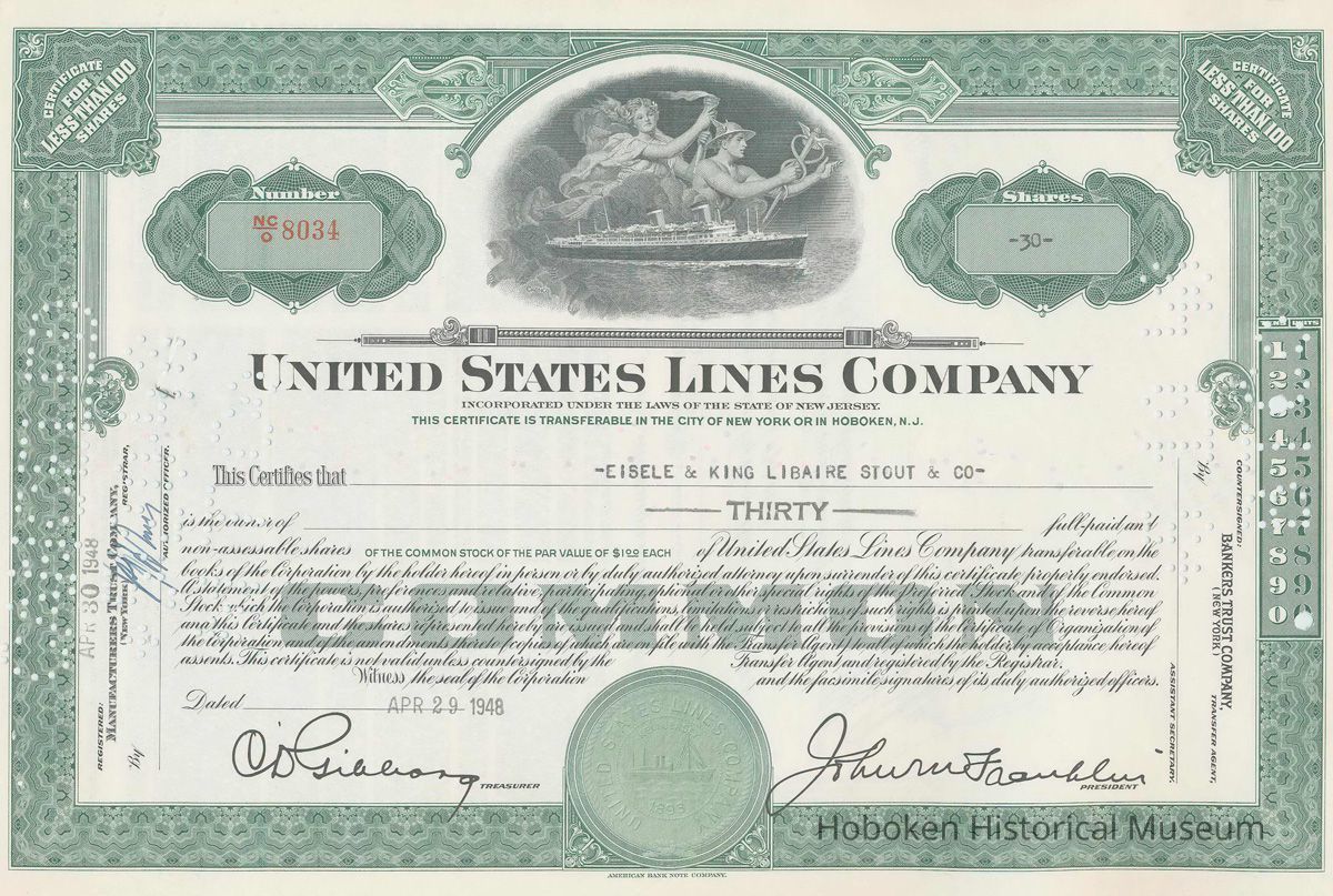 Stock certificate: United States Lines Co., N.Y. & Hoboken; issued Apr. 29, 1948 for 30 shares. picture number 1