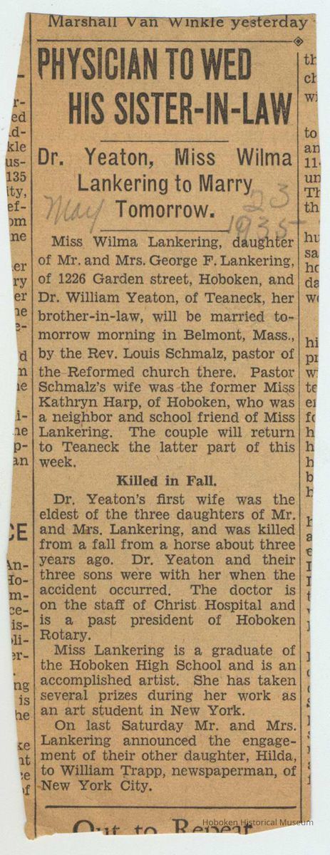 Newspaper clipping from album about marriage of Wilma Lankering of Hoboken to Dr. William Yeaton, May 23, 1935. picture number 1