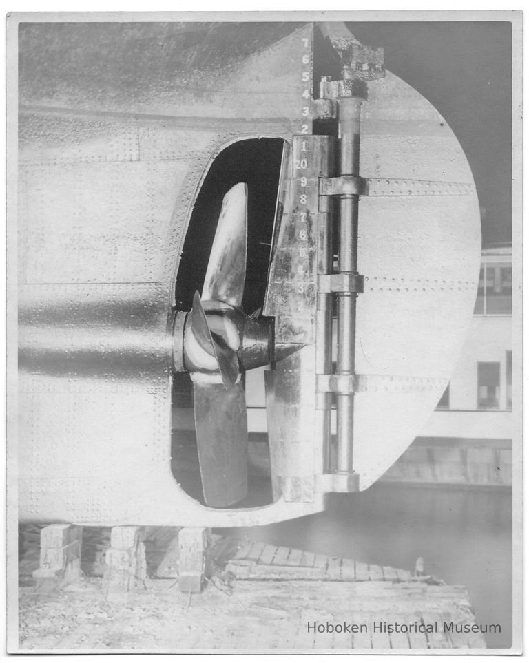 B+W photo of the rudder and prop of unknown ship in drydock, Hoboken, no date, ca. 1940. picture number 1