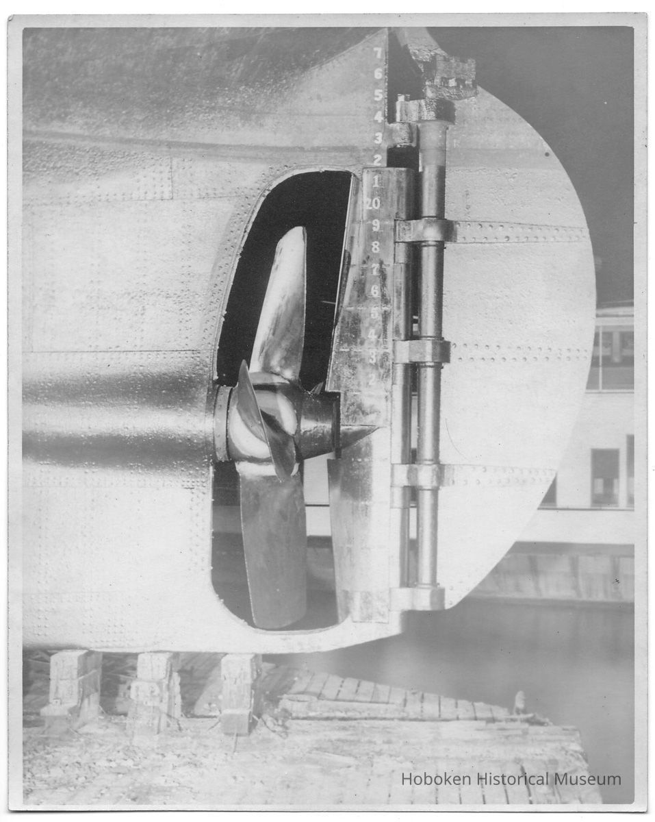 B+W photo of the rudder and prop of unknown ship in drydock, Hoboken, no date, ca. 1940. picture number 1