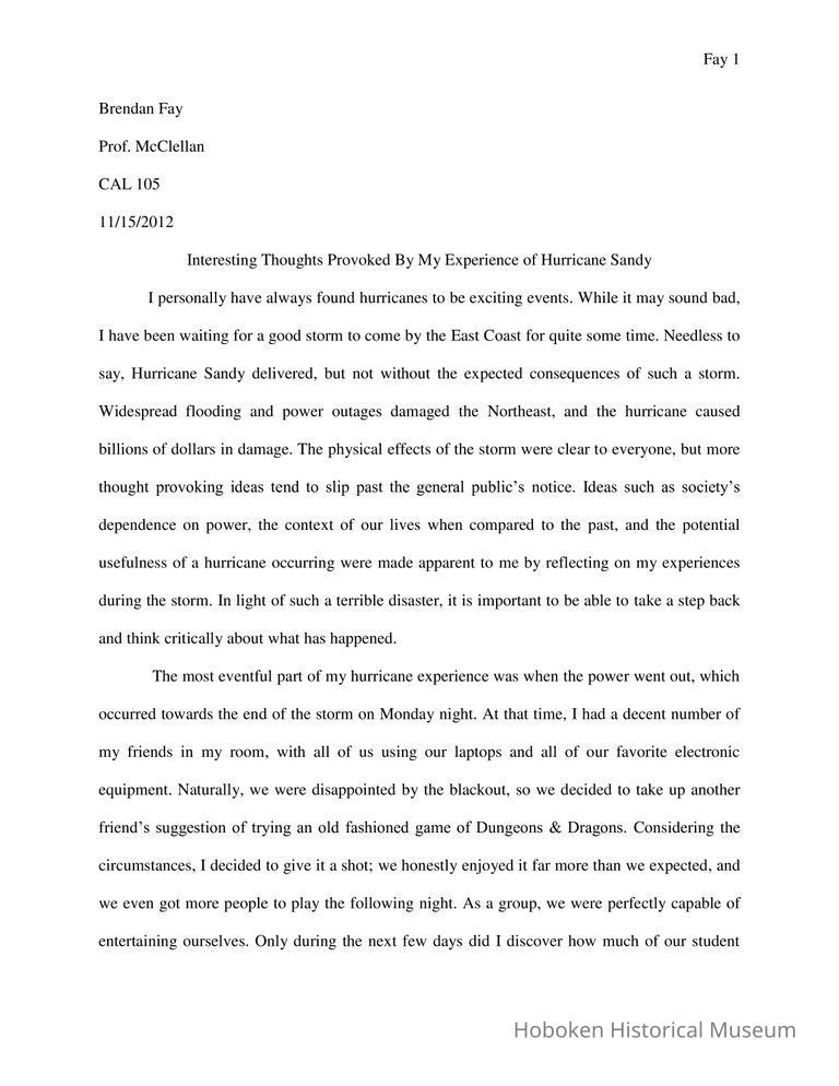 Essays by 5 Stevens Institute of Technology students about their Hurricane Sandy experience, Hoboken, Nov. 2012. picture number 1