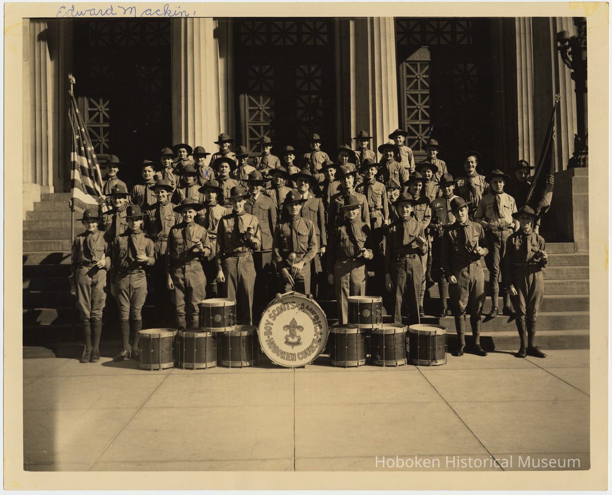 Sepia-tone group photo of Hoboken Boy Scouts Drum & Bugle Corps posed outside Demarest High School, Hoboken, n.d., ca. 1930s. picture number 1