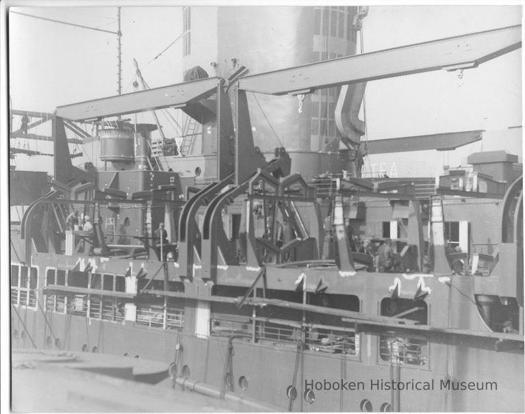 B+W photo of a the upper deck of an unknown ship, upper deck near funnel, Hoboken, no date, ca. 1940. picture number 1