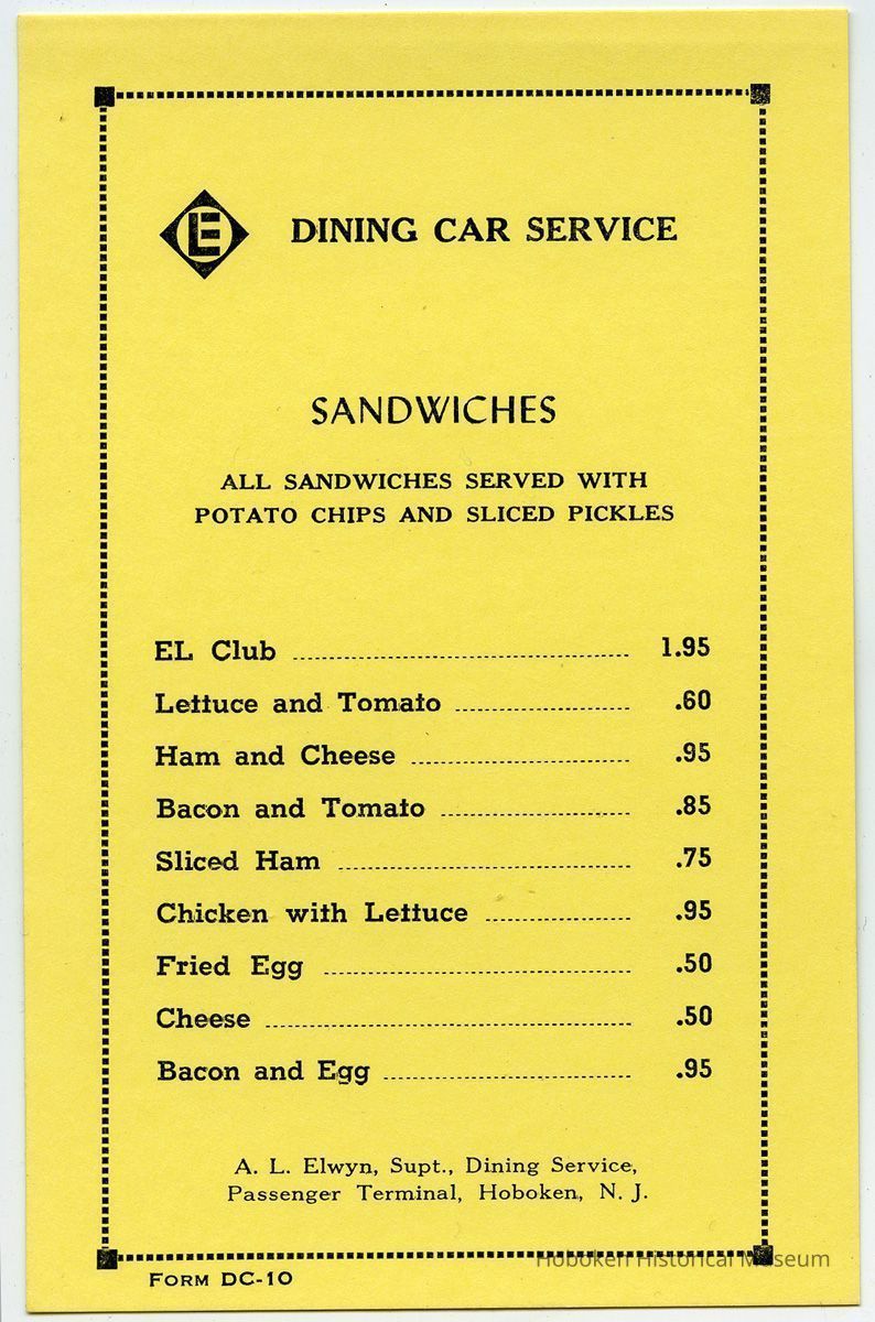 menu: Dining Car Service, Sandwiches