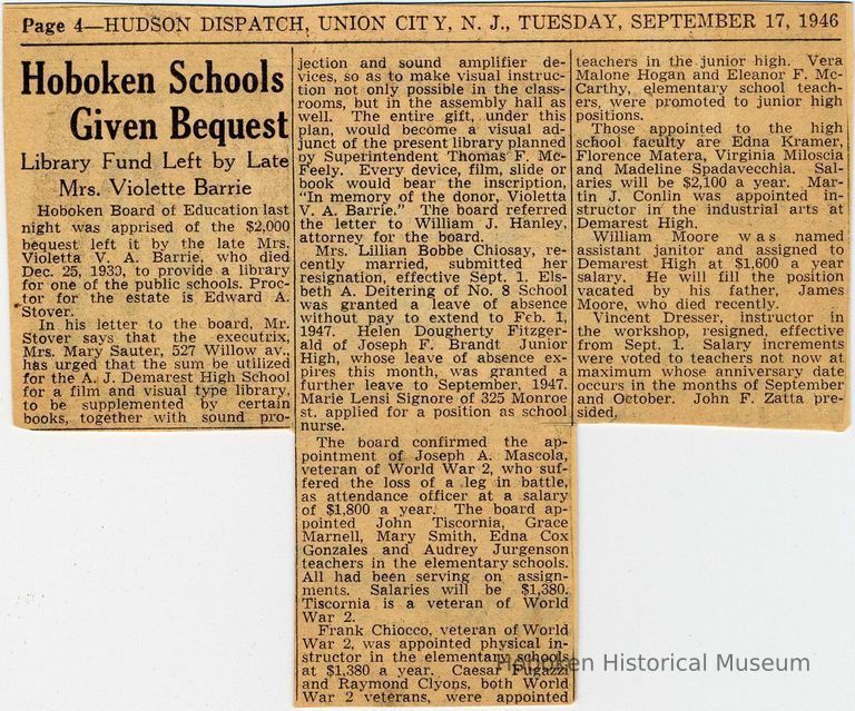 Digital image of newsclipping: Hoboken Schools Given Bequest. Library Fund Left by late Mrs. Violette Barrie. Hudson Dispatch, Sept. 17, 1946. picture number 1