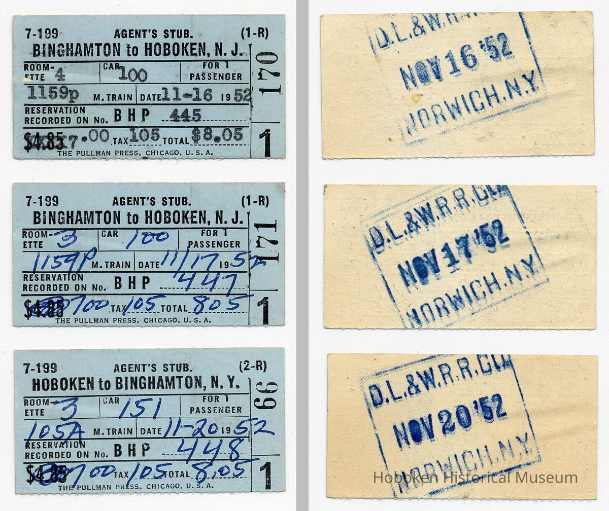 Group 1: 3 agent's stub, Binghamton to Hoboken, Pullman