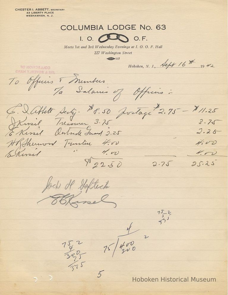 Columbia Lodge No. 63, I.O.O.F., 227 Washington St., Hoboken. Report to Officers& Members of Officers' Salaries; by Secretary Chester I. Abbett, Sept. 16, 1942. picture number 1