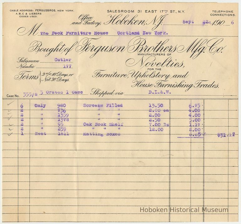 Bill: Ferguson Brothers Mfg. Co., Office & Factory, Hoboken, N.J. to The Peck Furniture House, Cortland, N.Y., Sept. 22, 1906. picture number 1