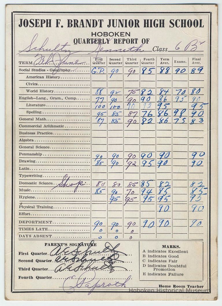 Digital image of Kenneth Schultz's sixth grade report card for class 6B2, Brandt School, Hoboken, no date, ca. 1950. picture number 1