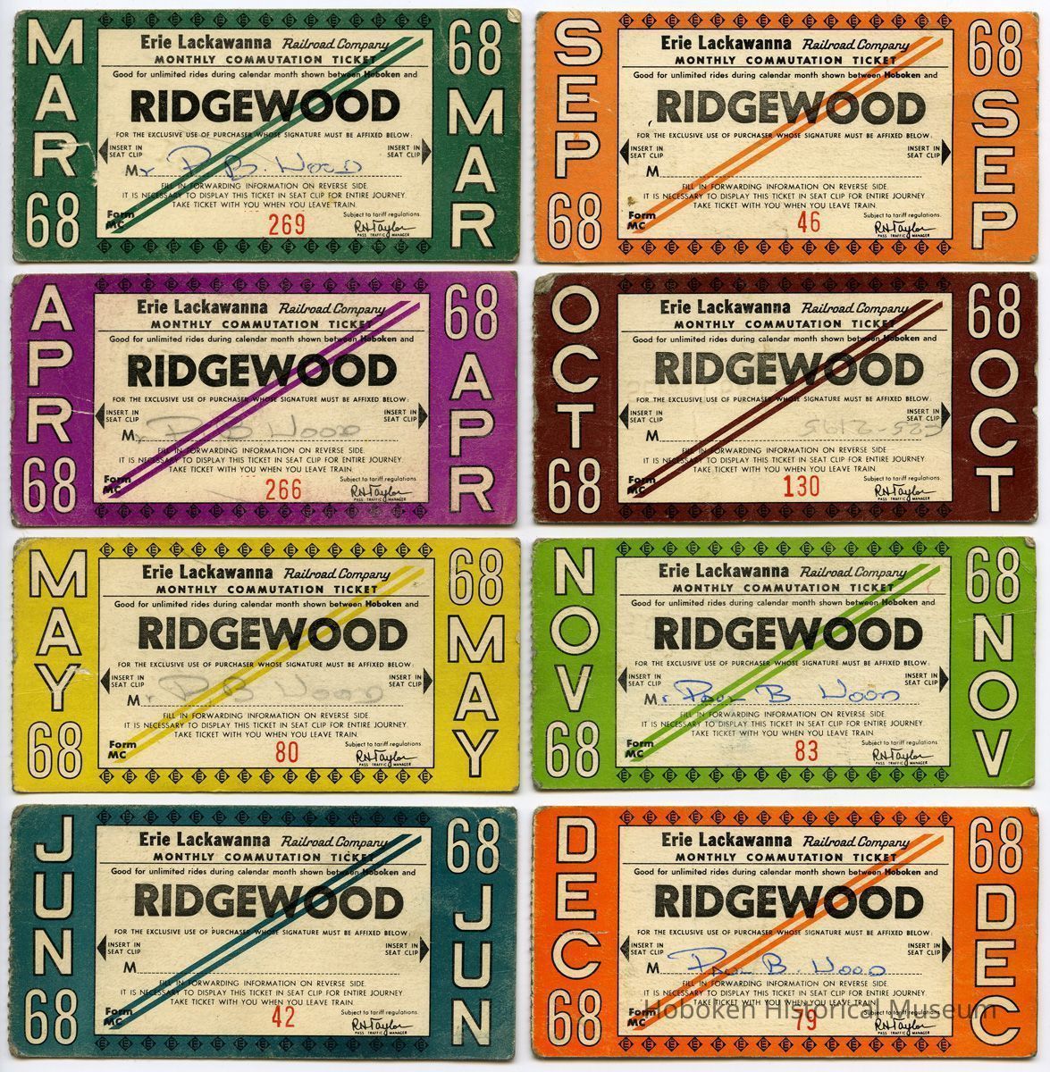 eight 1968 Erie Lackawanna monthly commutation tickets