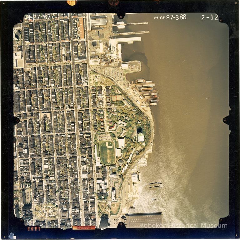 Color aerial photo of Hoboken from Clinton Street to the waterfront; 4th to 13th Streets, April 27,1987. picture number 1