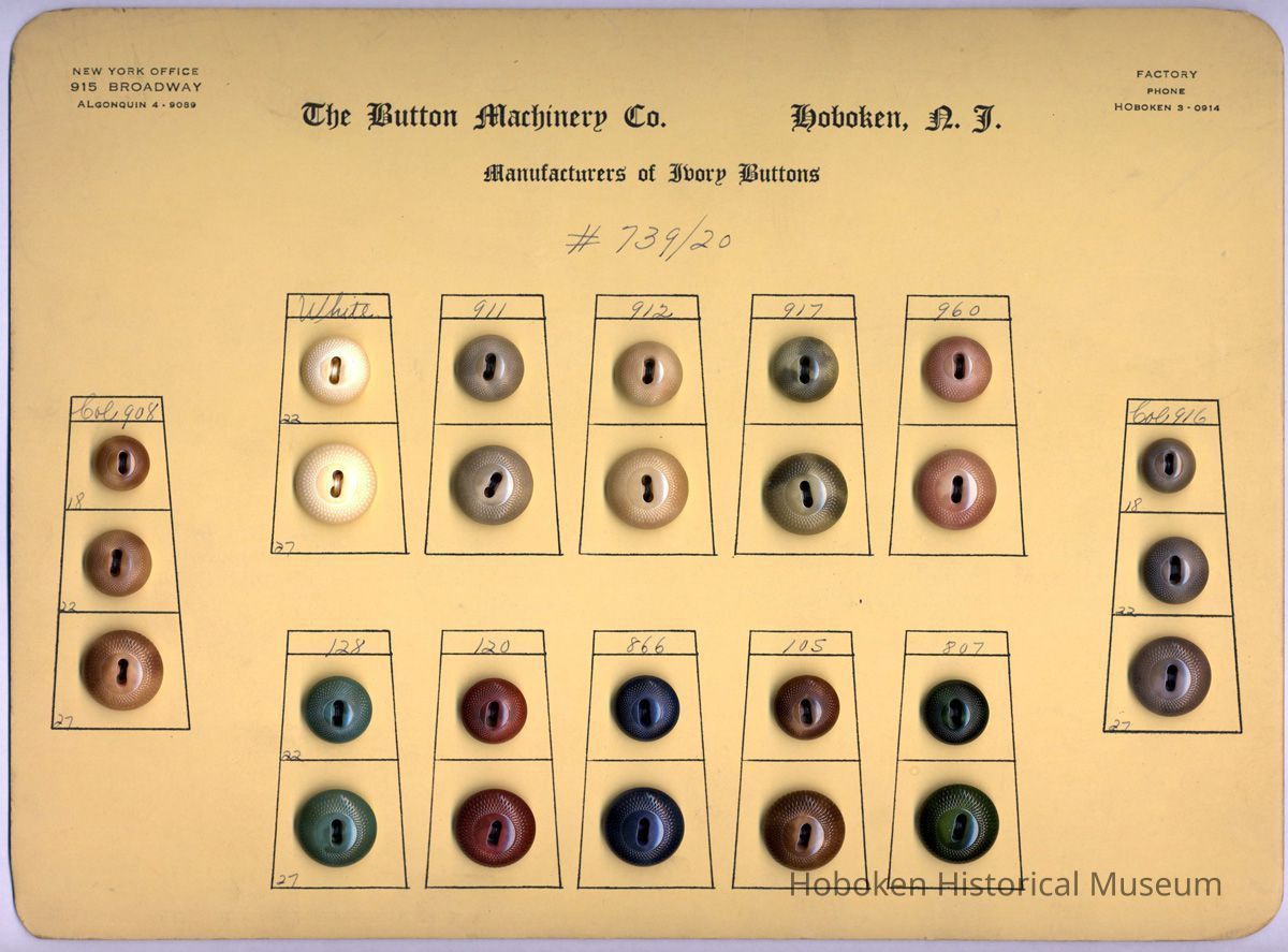 Sample card of ivory buttons from the Button Machinery Company, Hoboken factory at Grand & Eleventh Sts., no date, ca. 1930-1940. picture number 1