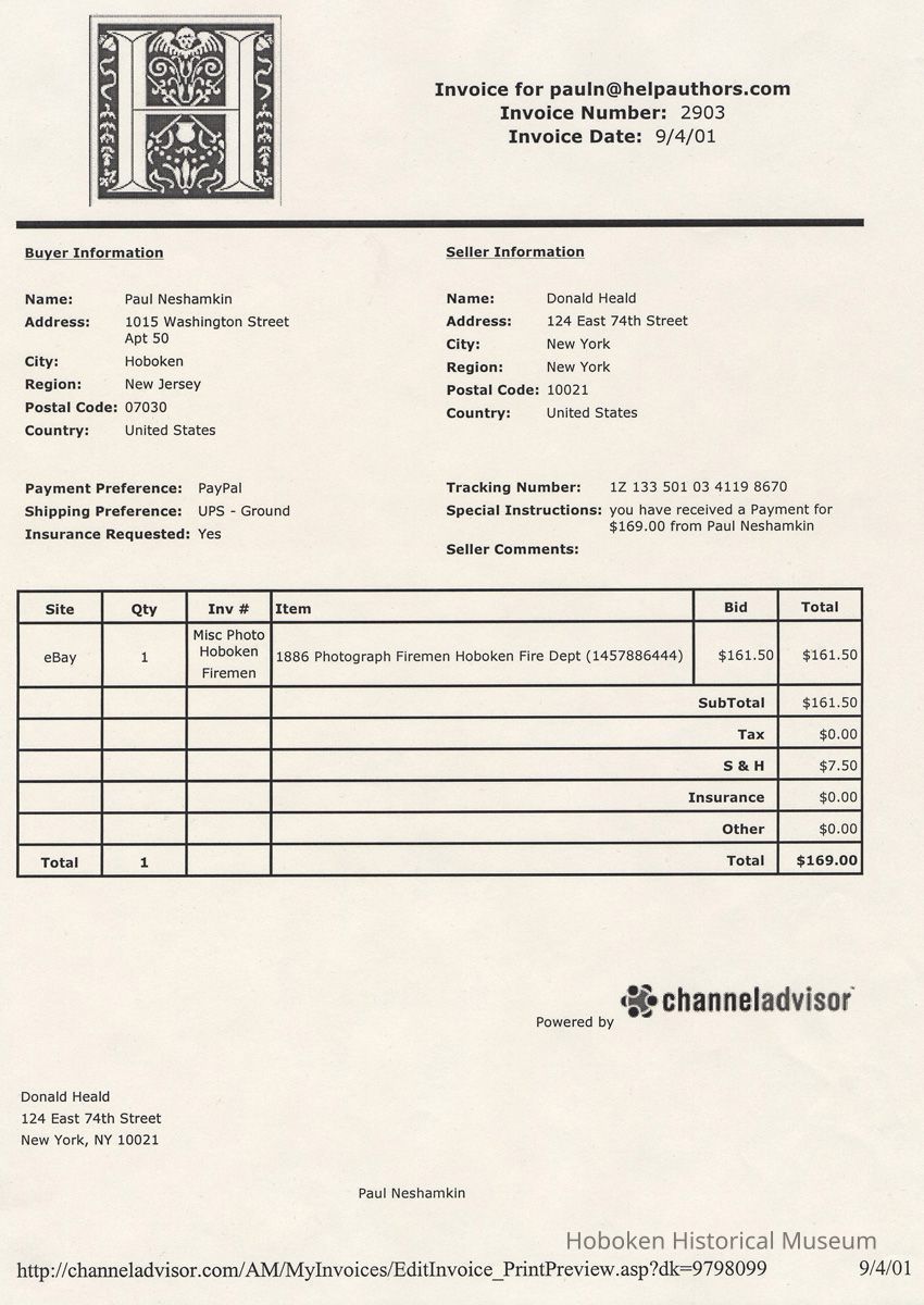Sales document regarding provenance of photo catalog 2008.080.0001: picture number 1