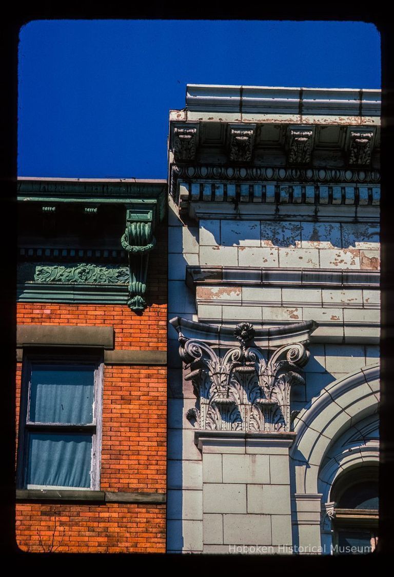 Color slide of detail view of cornices and pilaster on the buildings at 410 and 412 Washington between 4th & 5th picture number 1