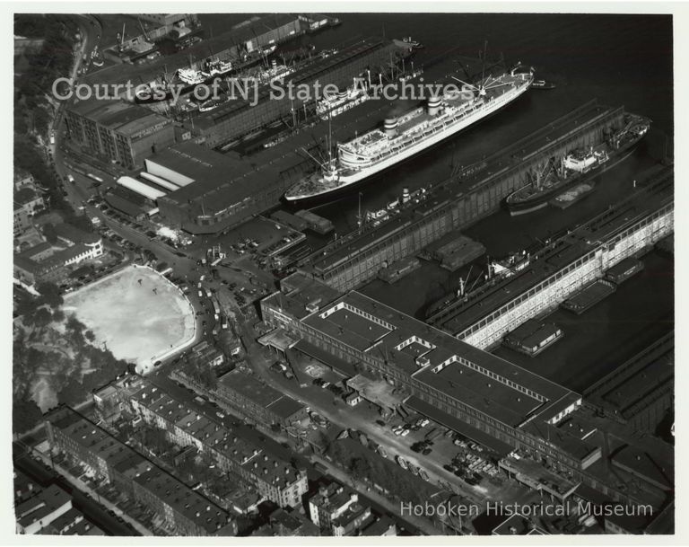 image aerial Holland America Lines piers, Oct. 14, 1948; Copyright: NJ State Archives