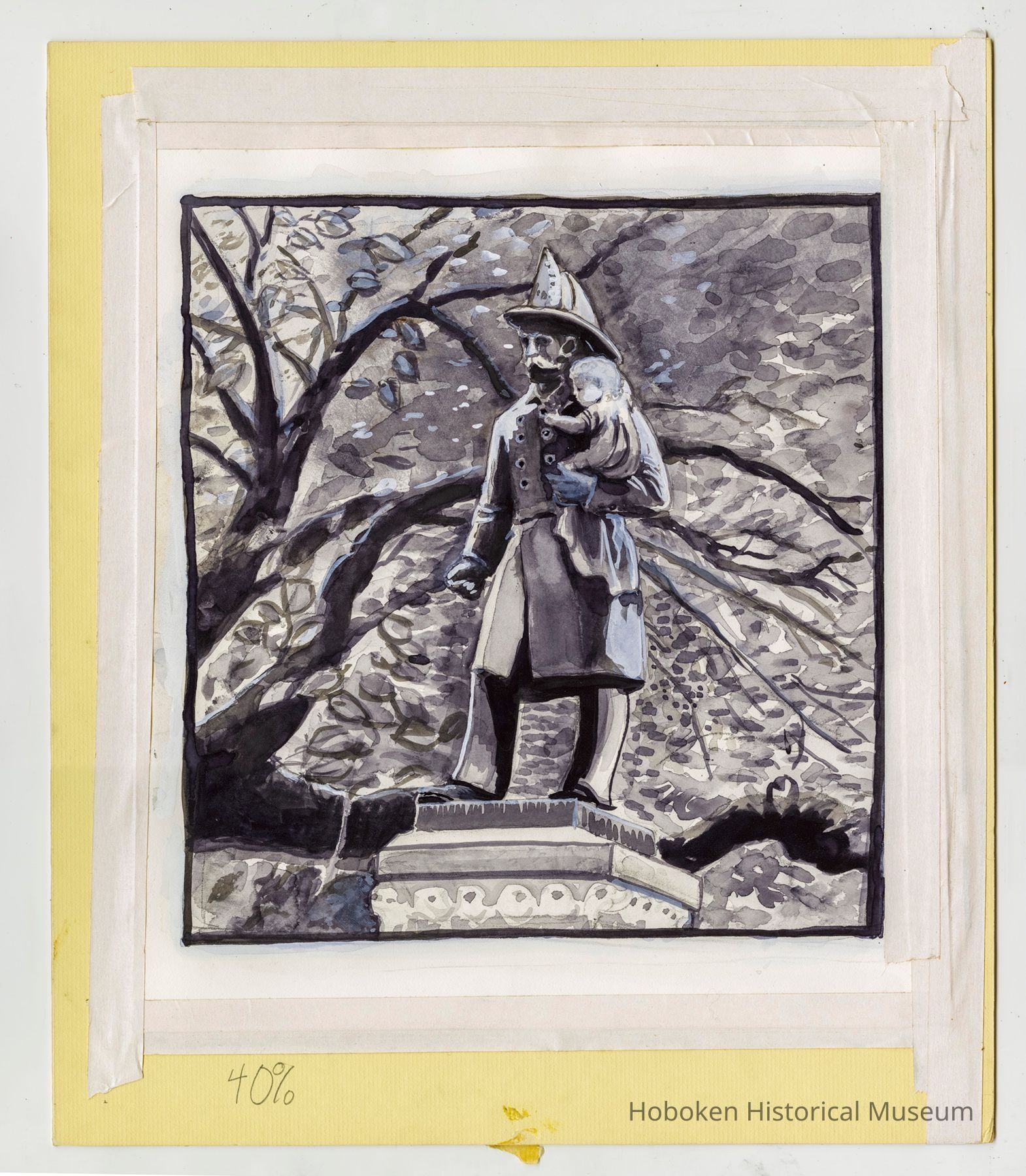 Greyscale Painting of Fireman's Monument by Kevin McCloskey, circa 1986 picture number 1