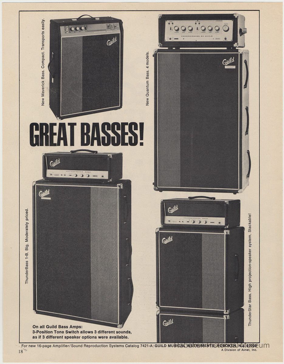Advertisement: Guild Bass Amps manufactured by Guild Musical Instruments, Hoboken, N.J. N.d., ca. 1970-1974. picture number 1