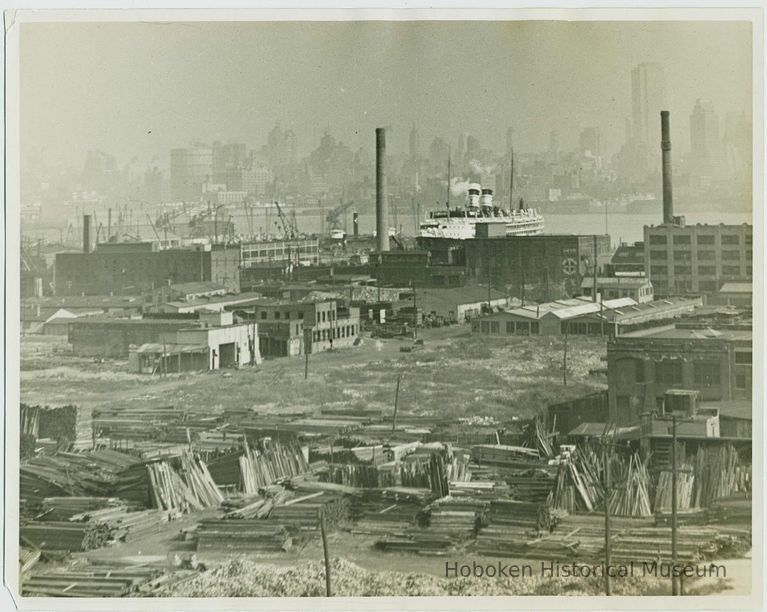 B+W photo of the waterfront in the northern end of Hoboken and into Weehawken, no date, ca. 1940. picture number 1