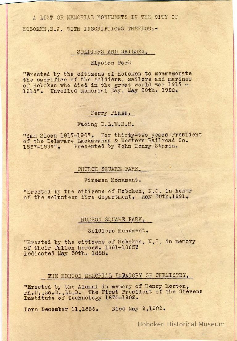 Digital image of typed list of Memorial Monuments in the City of Hoboken, N.J. No source, no date, ca. 1920's -1950. picture number 1