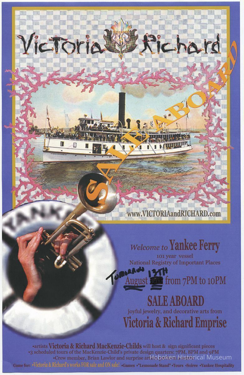 Poster: Victoria & Richard [Mackenzie-Childs.] SALE ABOARD. August 13th [2008]; Yankee Ferry, Hoboken. picture number 1