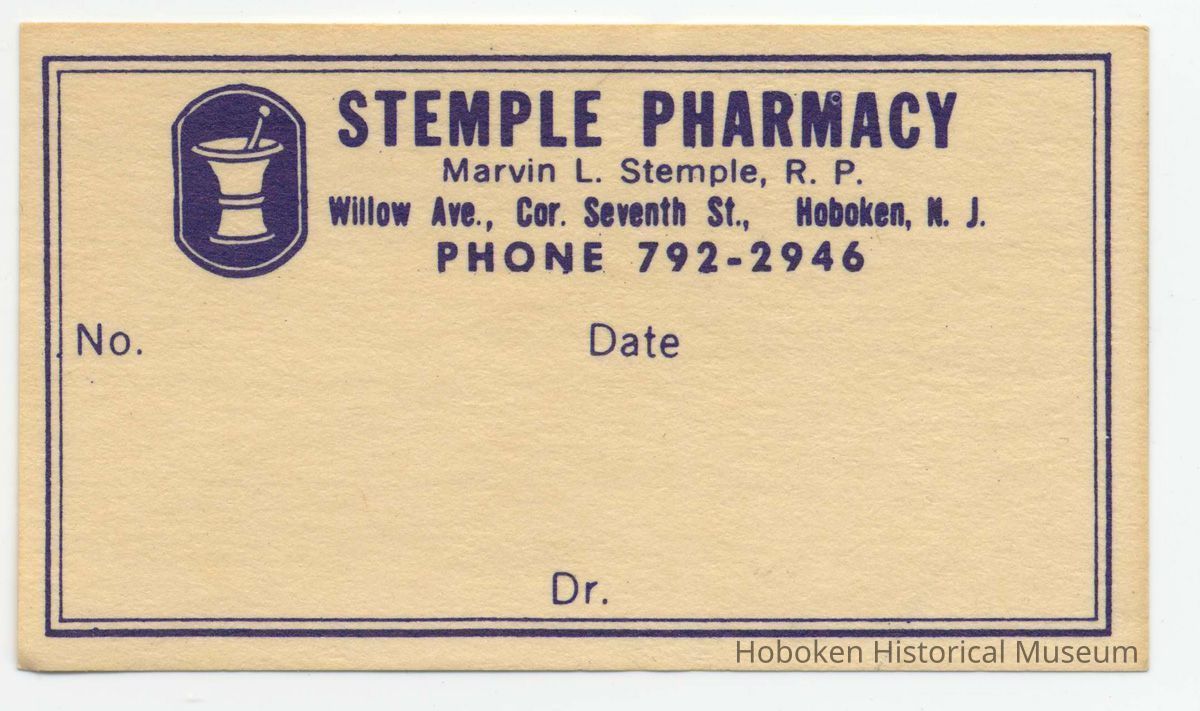 Printed blank label for prescription container from Stemple Pharmacy, 266 Seventh St., Hoboken, no date, ca. 1950. picture number 1