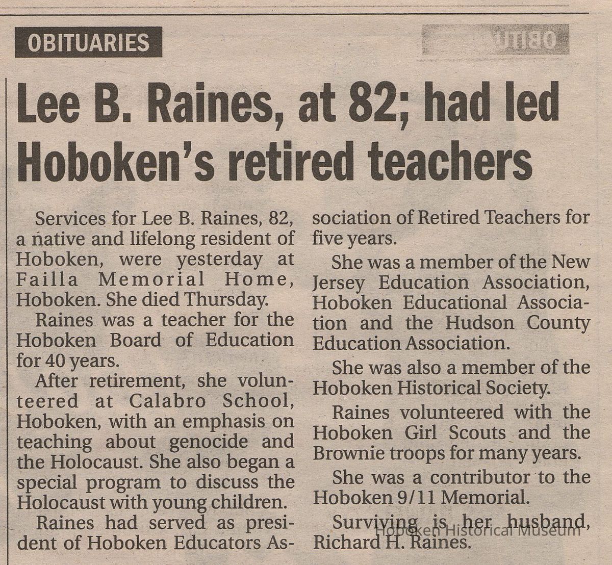 Obituary for Lee B. Raines, Jersey Journal, September 16, 2006. picture number 1