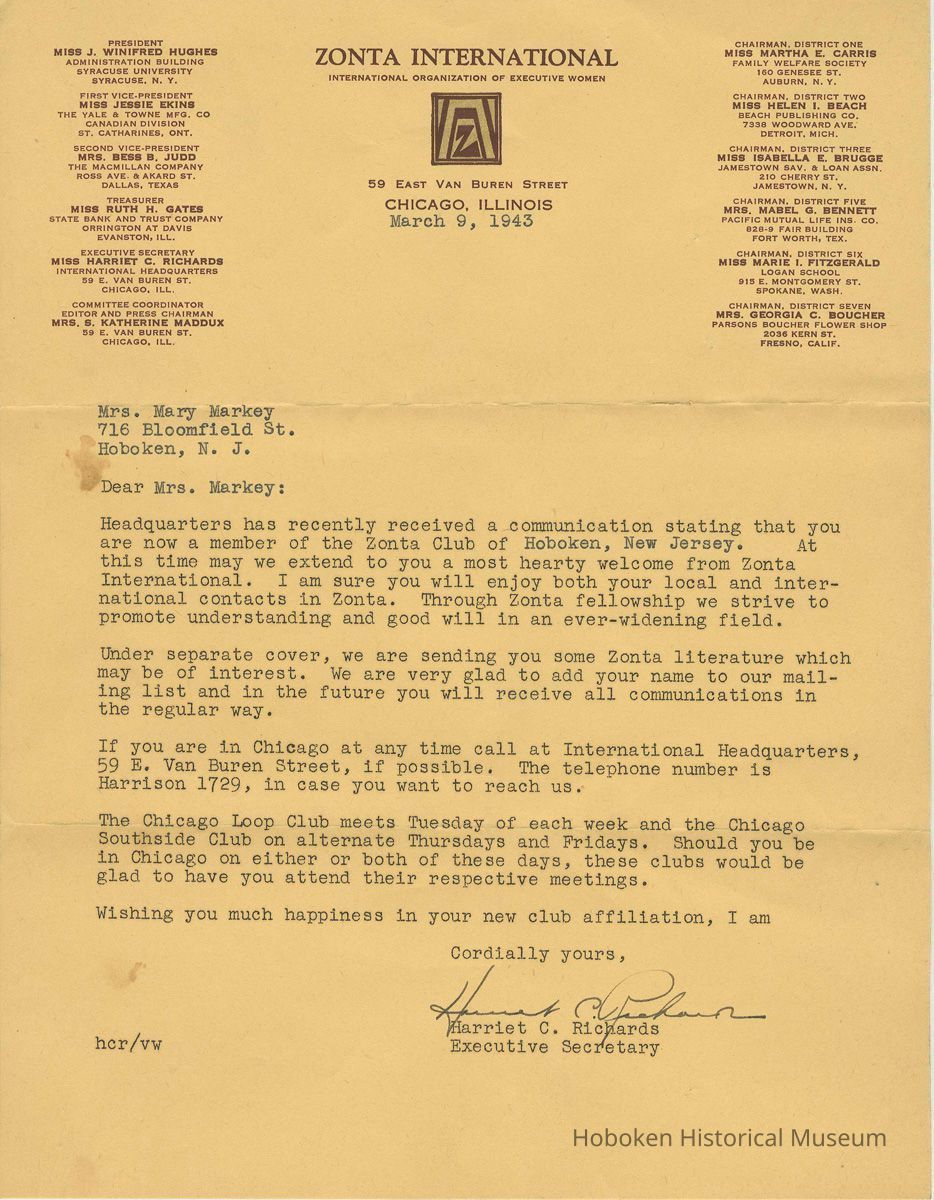 Form letter to Mrs. Mary Markey from the Zonta International, March 9, 1943. Plus newspaper clipping. picture number 1