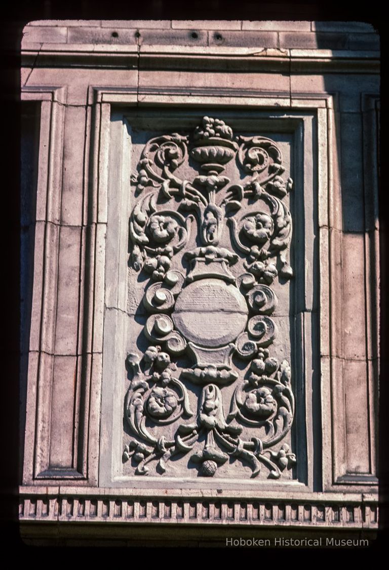 Color slide of close-up view of decorative tile on a building at an unidentified location picture number 1