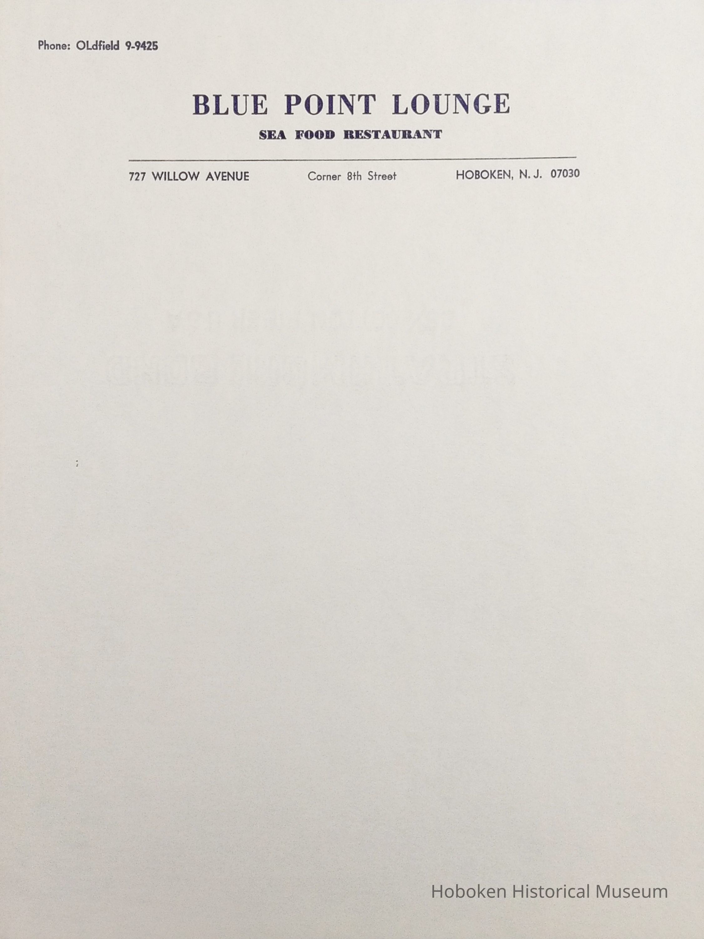 Restaurant Collection Letterhead, Blue Point Lounge, Seafood Restaurant, Hoboken, ca. 1960s picture number 1