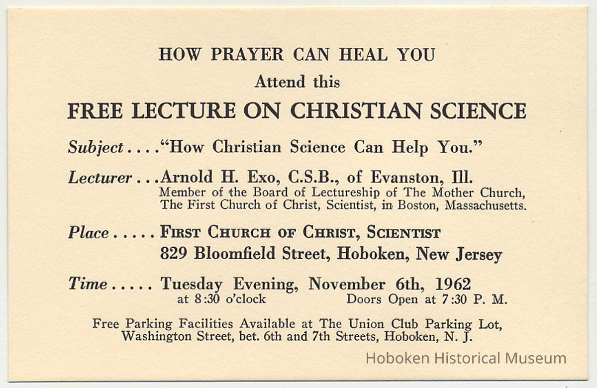 Announcement: lecture at First Church of Christ, Scientist, 829 Bloomfield St., Hoboken, Nov. 6, 1962. picture number 1