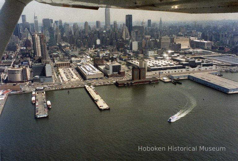 aerial view of river edge Lincoln Tunnel ventilation buildings