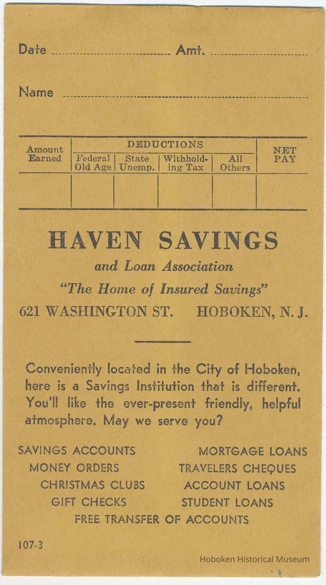 Envelope, pay, imprinted Haven Savings and Loan Association, 621 Washington St., Hoboken, no date, ca. 1975-1990. picture number 1
