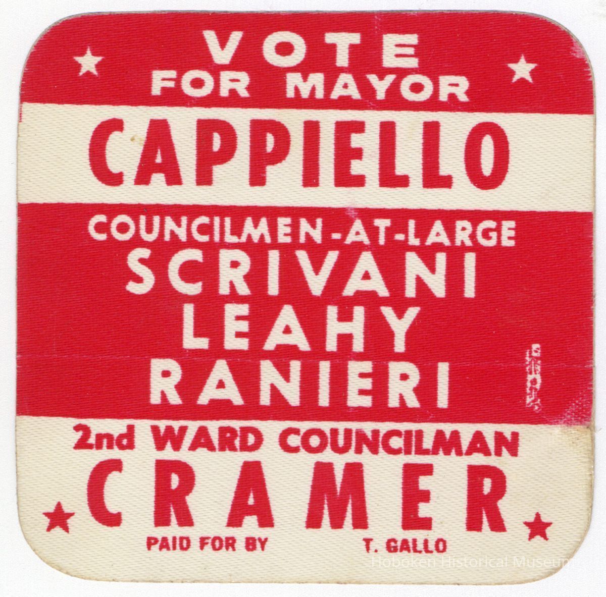 Political sticker: Vote for Mayor Cappiello; Councilmen-at-Large Scrivani, Leahy, Ranieri; 2nd Ward Councilman Cramer (Hoboken, ca. 1973.) picture number 1