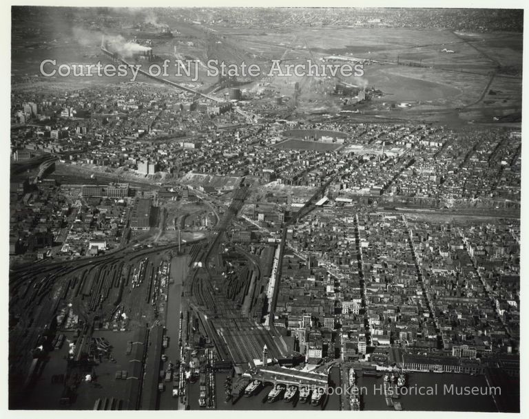 Aerial, full image, southern Hoboken and Jersey City, March 16, 1949; Copyright: NJ State Archives