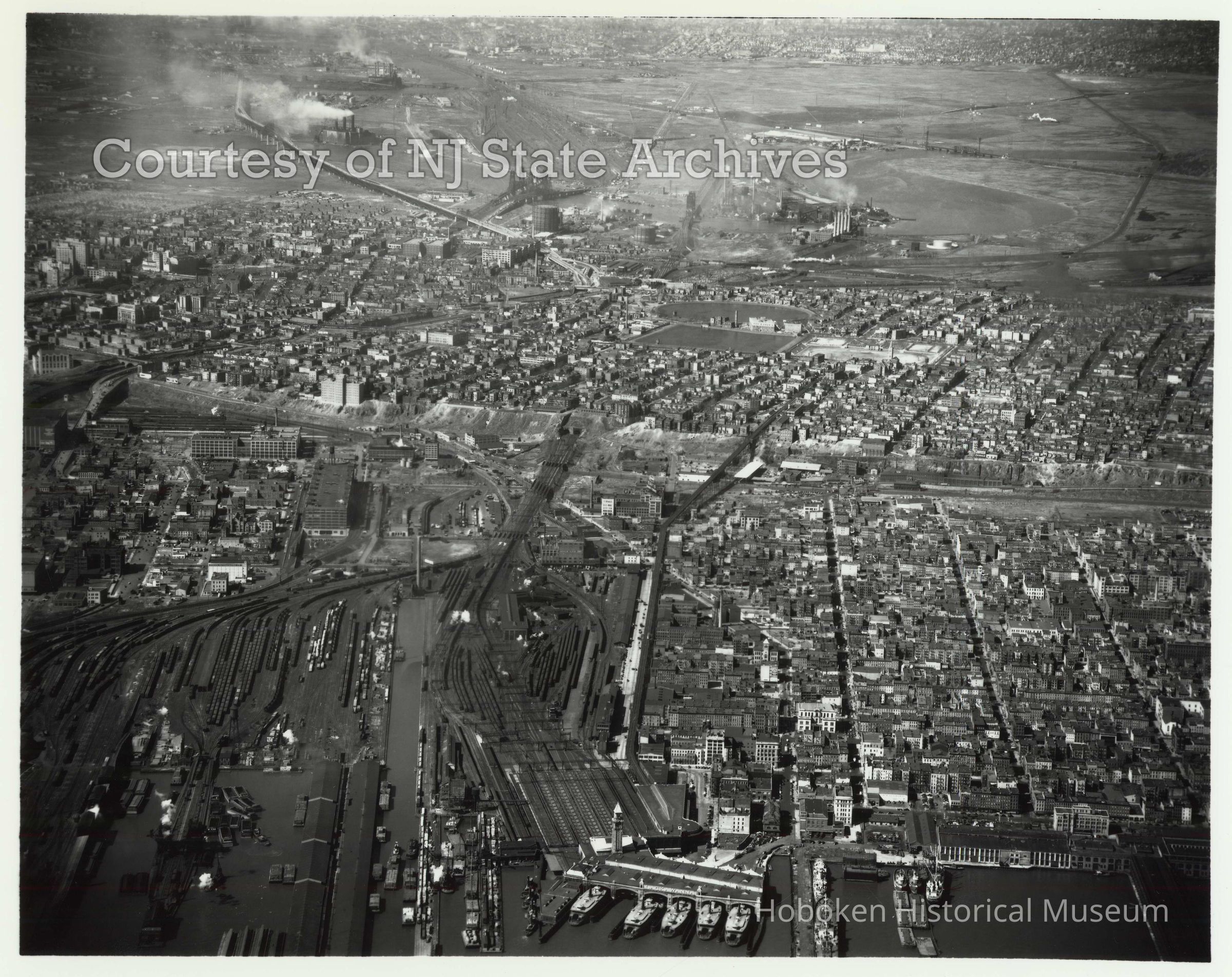 Aerial, full image, southern Hoboken and Jersey City, March 16, 1949; Copyright: NJ State Archives