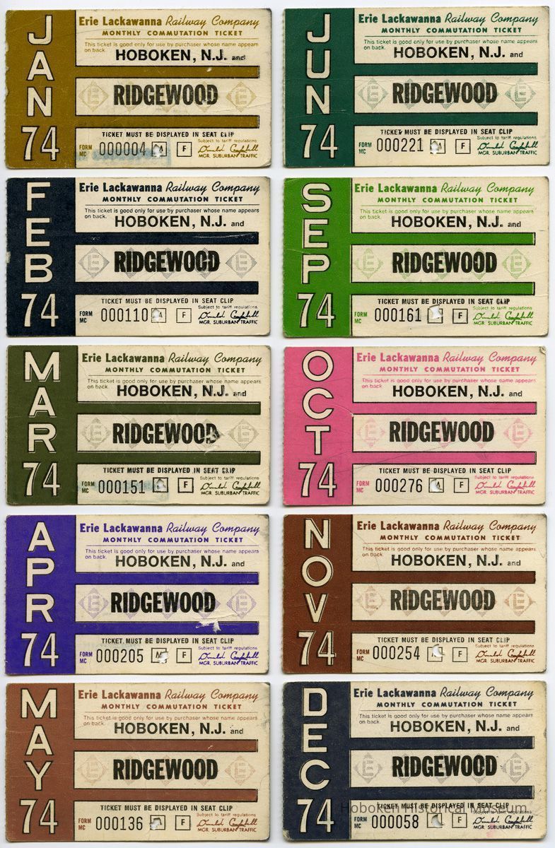 ten 1974 Erie Lackawanna Railway monthly commutation tickets