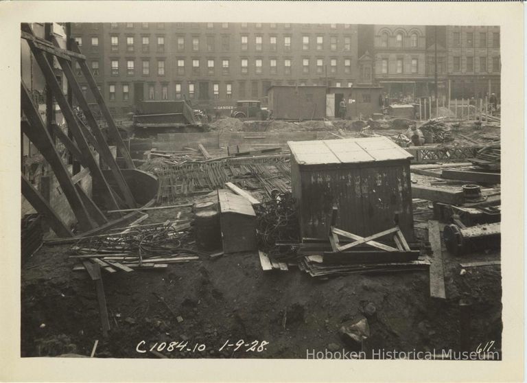 B+W photo of foundation preparation and concrete forms on the site for the Fabian Theatre, Newark & Washington Sts., Hoboken, Jan. 9, 1927. picture number 1