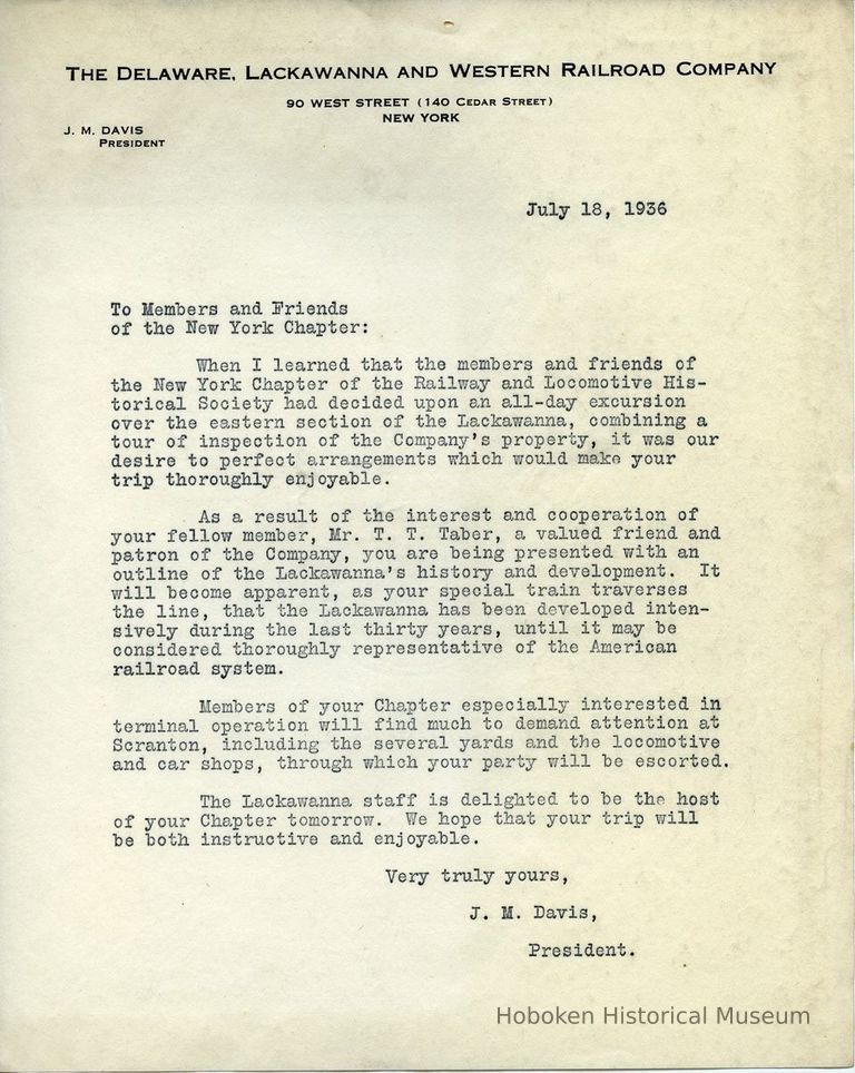 letter from J.M. Davis, President, D.L & W. R.R.