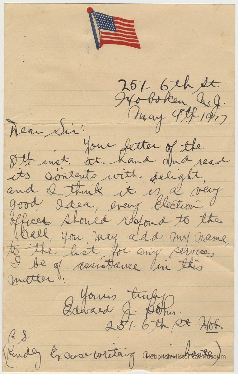 Holographic letter signed by Edward J. Bohm, 261 6th St., Hoboken, re being a WWI draft board volunteer, May 9, 1917 picture number 1