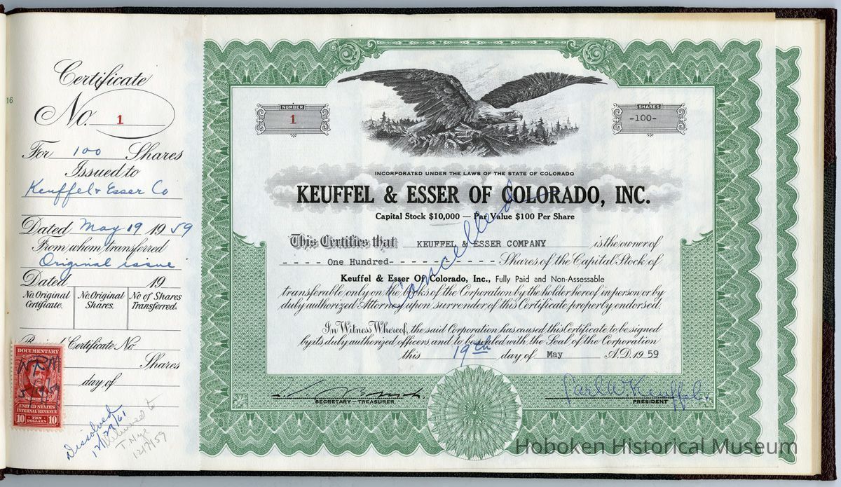 stock certificate no. 1: Keuffel & Esser of Colorado, Inc.