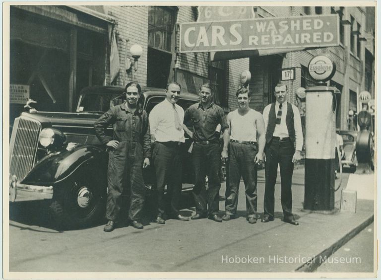 B+W photo of 5 men on the sidewalk at the Model Garage, 214 Clinton St., Hoboken, no date, ca. 1935. picture number 1