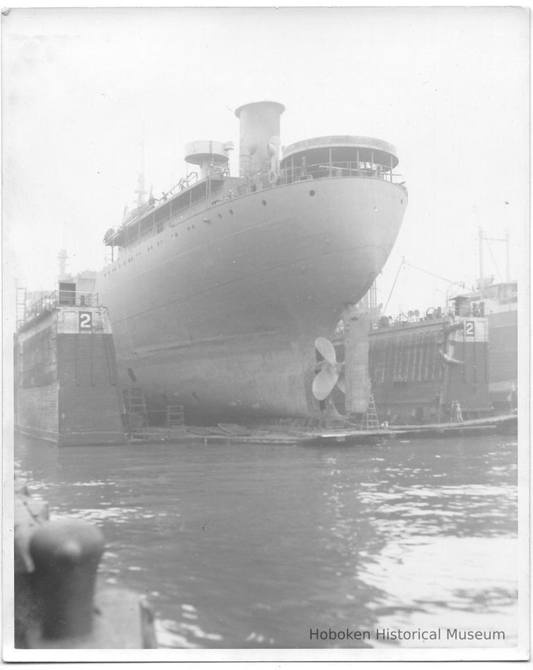 B+W photo from the pier end of stern of unknown ship in dry dock no. 2, Hoboken, no date, ca. 1940. picture number 1