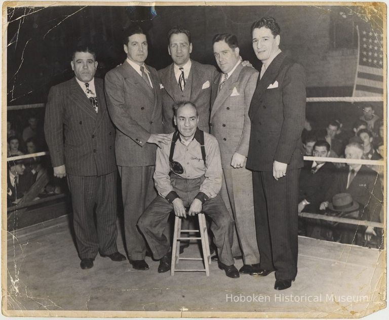 B+W photo of 5 men & a trainer in a boxing ring, Hoboken, no date, circa 1945-1950. picture number 1