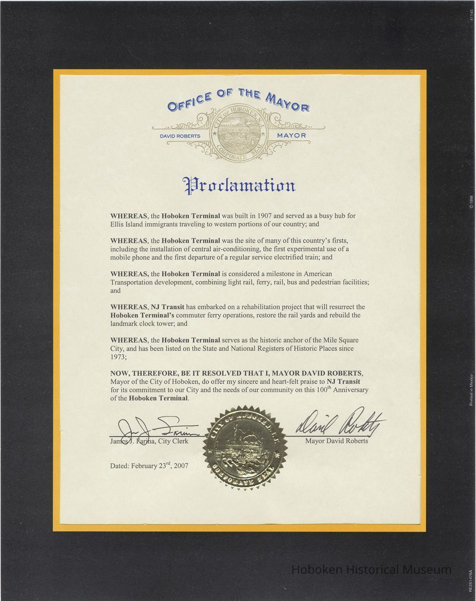Proclamation by Mayor David Roberts to NJ Transit on the Centennial of Hoboken Terminal, Feb. 23, 2007. picture number 1