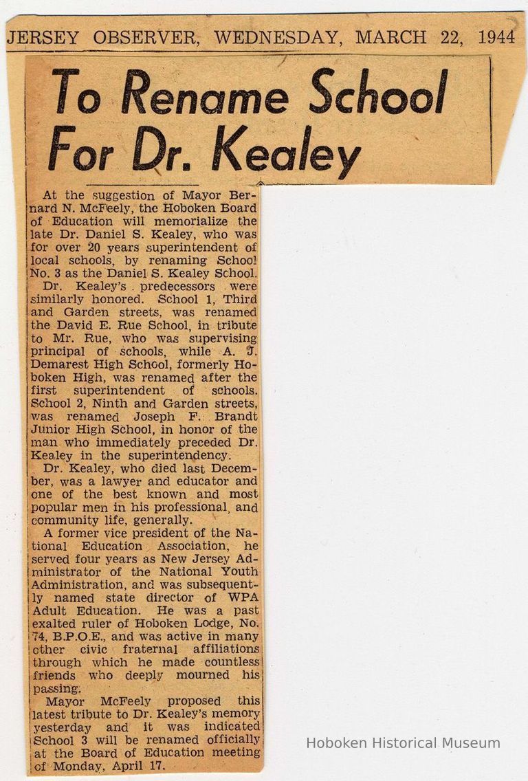 Digital image of newsclipping: To Rename School for Dr. Kealey. Jersey Observer, March 22, 1944. picture number 1