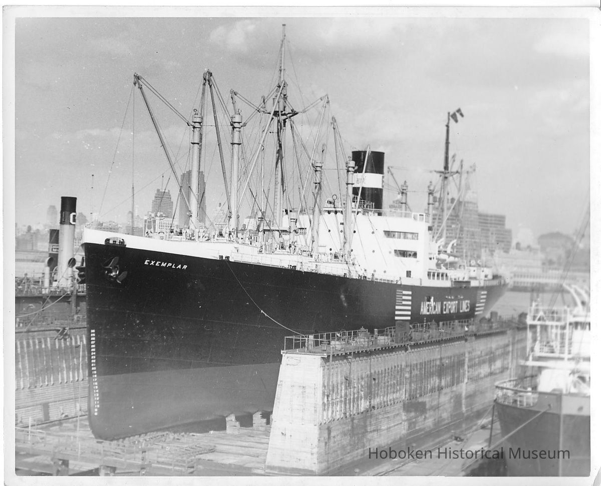 B+W photo of the freighter S.S. Exemplar in dry dock, Hoboken, no date, ca. 1940. picture number 1